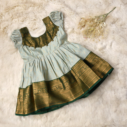 Miraya - Light blue with green pattu silk ethnic wear for baby girl