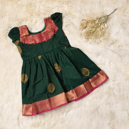 Hrithivi - Bottle green with pink pattu silk ethnic wear for baby girl