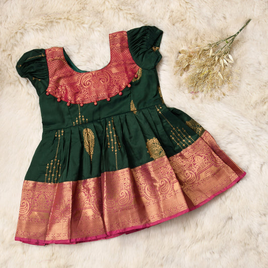 Siya - Bottle green with deep pink pattu silk ethnic wear for baby girl