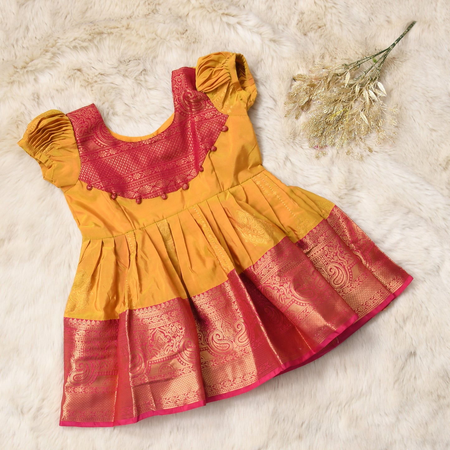 Pranshi - Golden yellow with deep pink pattu silk ethnic wear for baby girl