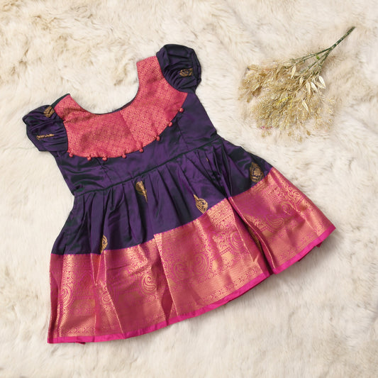 Janvika - Deep night with pink pattu silk ethnic wear for baby girl