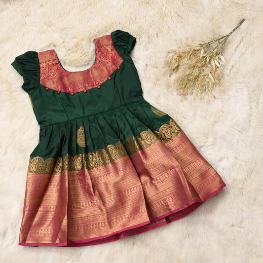 Riya - Bottle green with pink pattu silk ethnic wear for baby girl (Big Border)