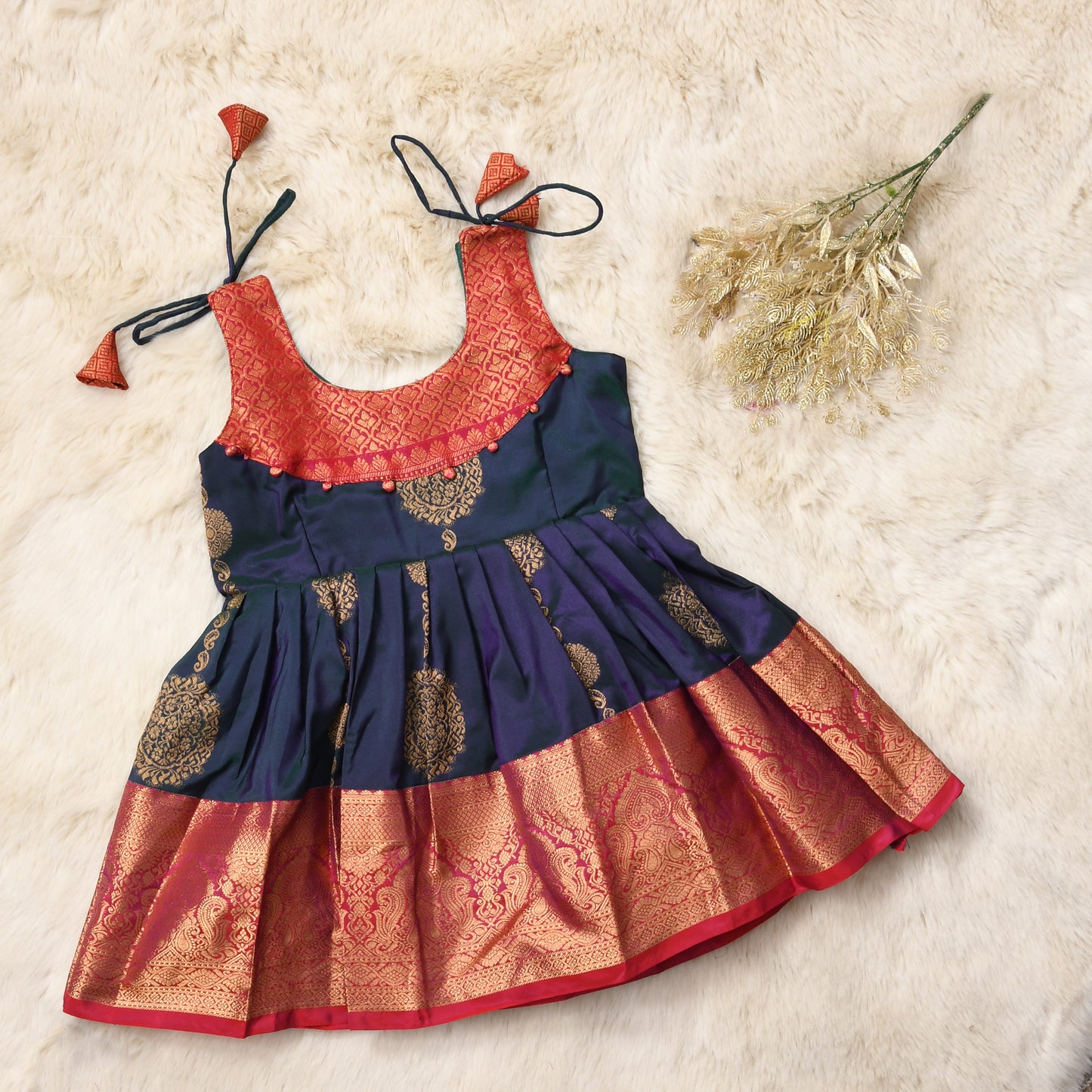 Amayra - Deep Blue with red pattu silk ethnic wear for baby girl