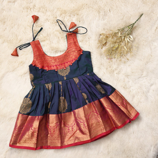 Amayra - Deep Blue with red pattu silk ethnic wear for baby girl