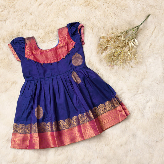 Avyukta - Blue with pink pattu silk ethnic wear for baby girl