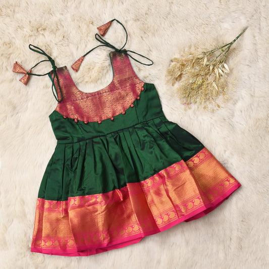 Vedika - Bottle green with pink pattu silk ethnic wear for baby girl