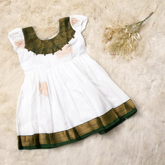 Dhanvi - Pure White with bottle green silk ethnic wear for baby girl