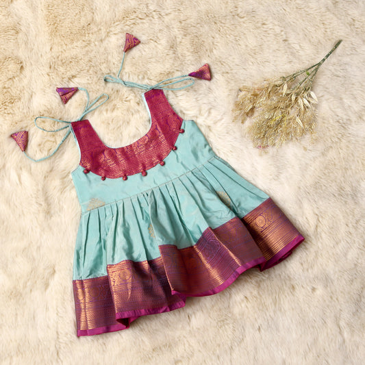 Sudiksha - Sky blue with pink pattu silk ethnic wear for baby girl