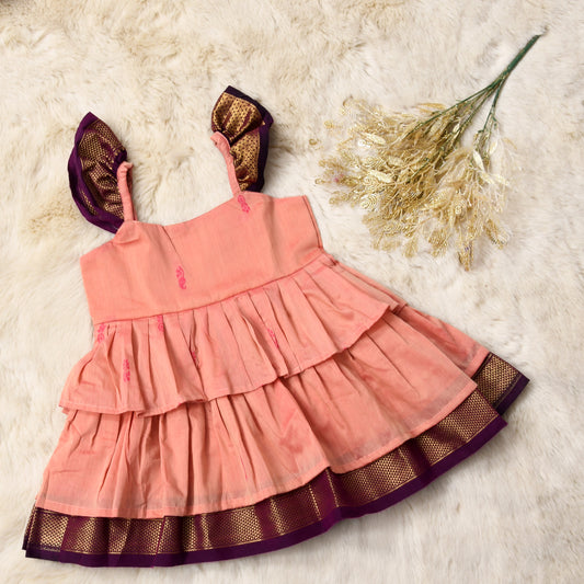 Peach with wine - Cotton Silk 3 Layered South Indian Ethnic Frock for Baby Girl