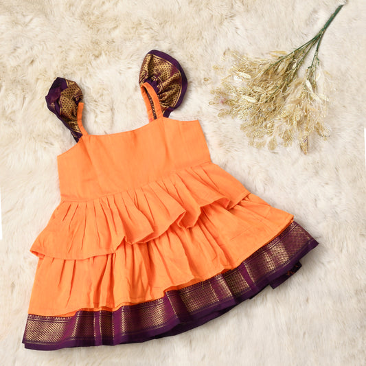 Saffron orange with wine - Cotton Silk 3 Layered South Indian Ethnic Frock for Baby Girl