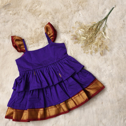 Purple with maroon - Cotton Silk 3 Layered South Indian Ethnic Frock for Baby Girl