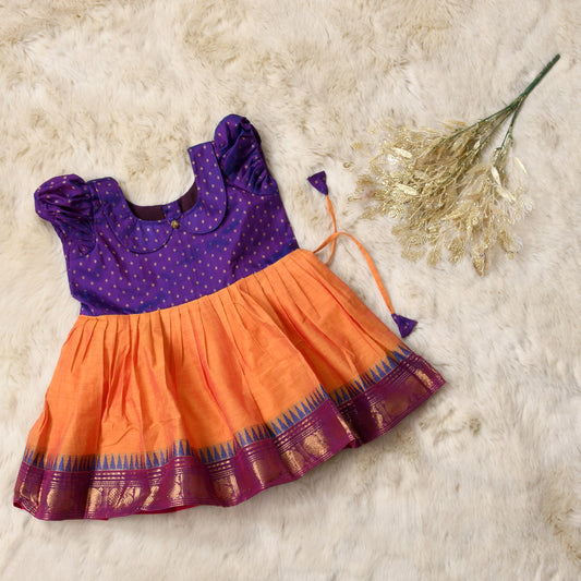 Yellow with purple (Vintage collar)  - Kanchi cotton ethnic Wear Frock for Baby Girl