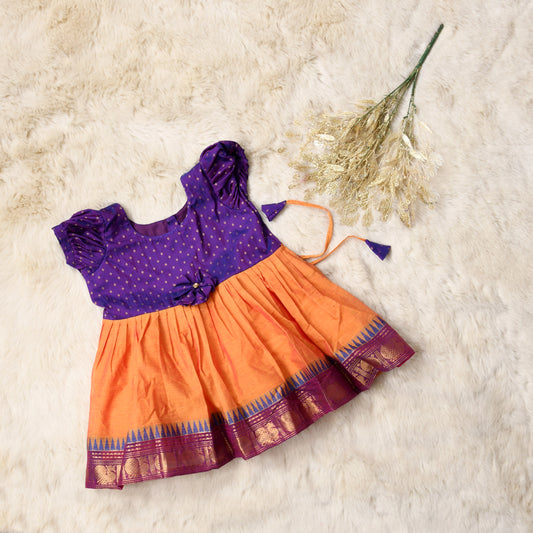 Yellow with purple (Vintage bow)  - Kanchi cotton ethnic Wear Frock for Baby Girl