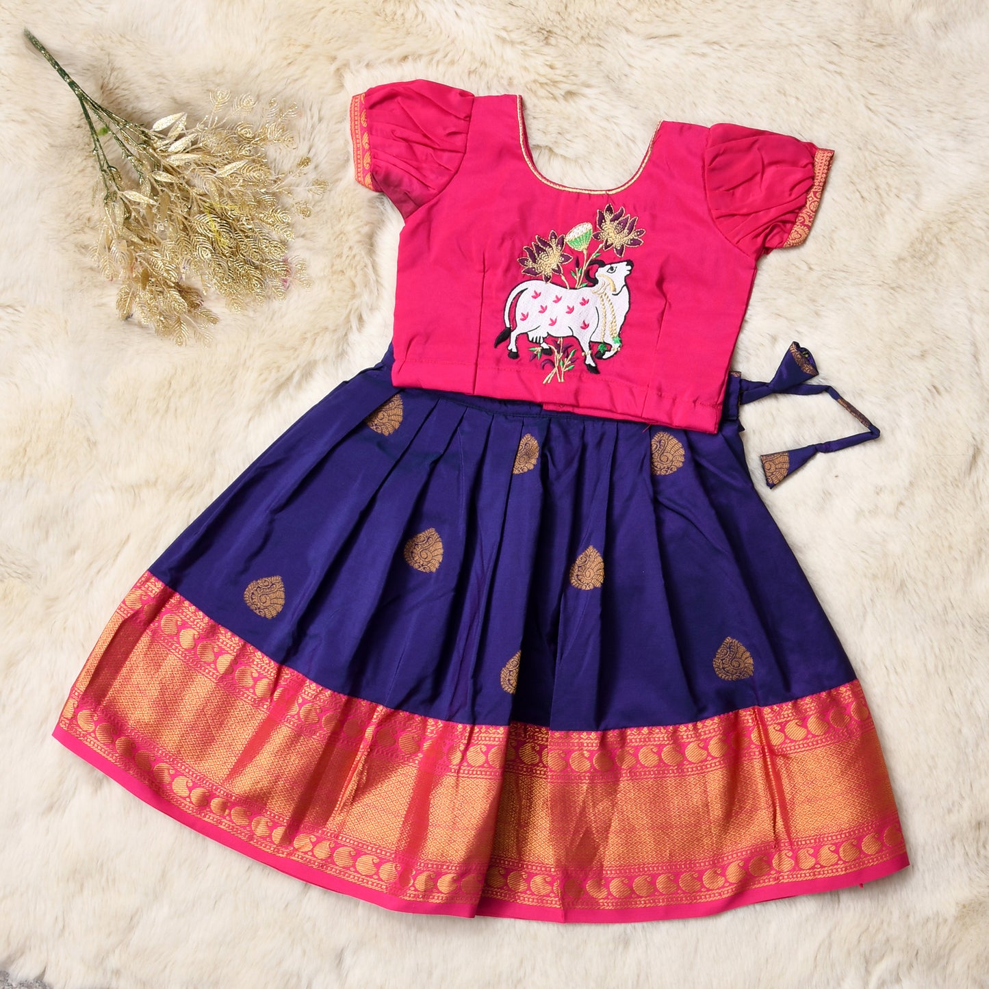 Navy blue and bright pink traditional langa blouse kamadenu cow embroidered zari border ethnic wear pattu pavadai silk for baby girl