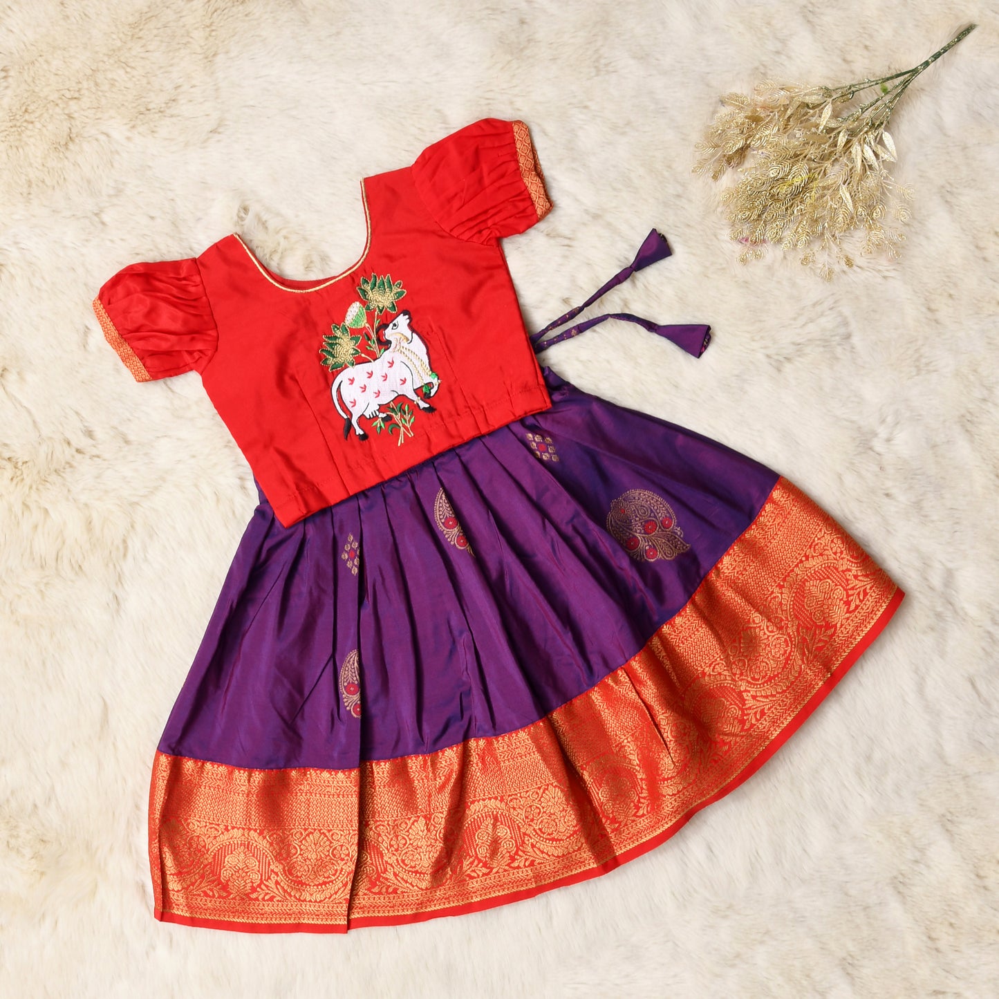 Dual purple and bright red traditional langa blouse kamadenu cow embroidered zari border ethnic wear pattu pavadai silk for baby girl