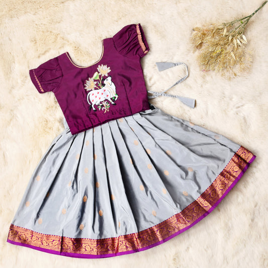 Wine and grey traditional langa blouse kamadenu cow embroidered zari border ethnic wear pattu pavadai silk for baby girl