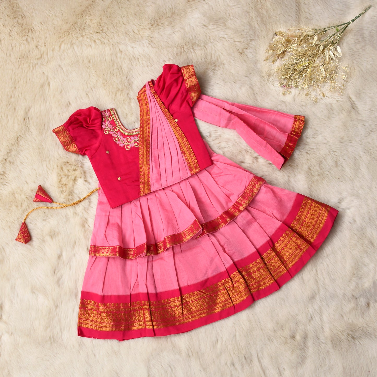 Baby pink and festive pink traditional half saree with neck embroidery ethnic wear for baby girl (100% Pure Cotton)