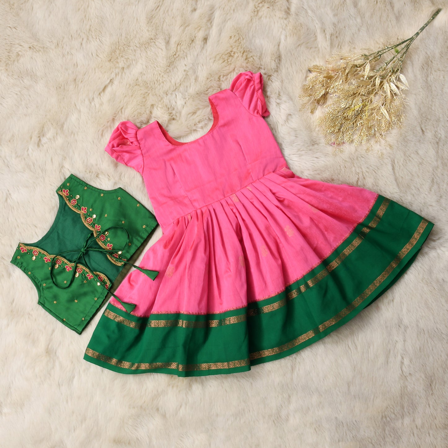 Festive green and pink frock and embroidered jacket ethnic wear for baby girl