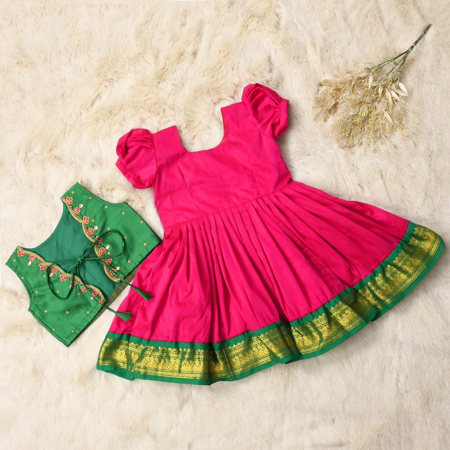 Festive green and deep pink frock and embroidered jacket ethnic wear for baby girl