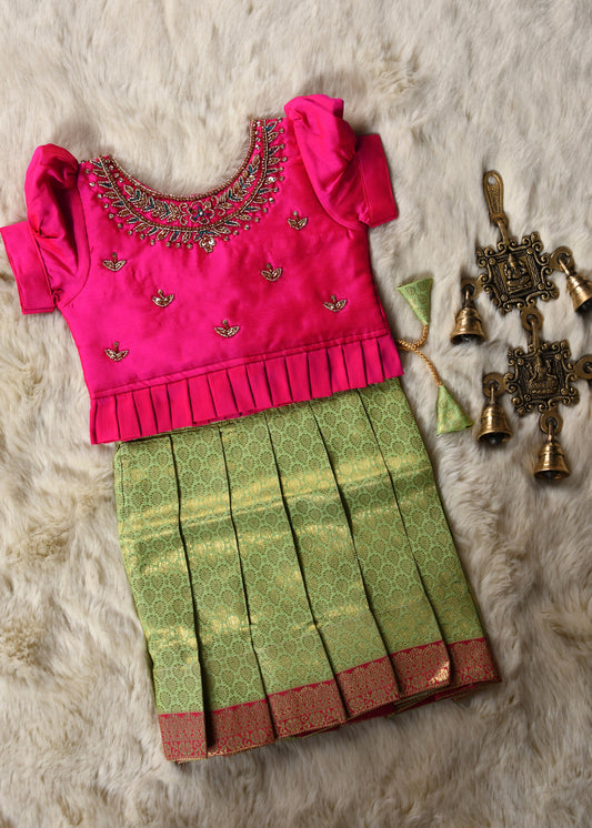 Pink and pista green hand work embroidery langa blouse / pattu pavadai / lehenga ethnic wear for baby girl