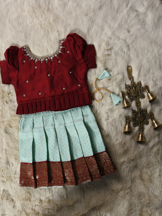 Maroon and sky blue hand work embroidery langa blouse / pattu pavadai / lehenga ethnic wear for baby girl