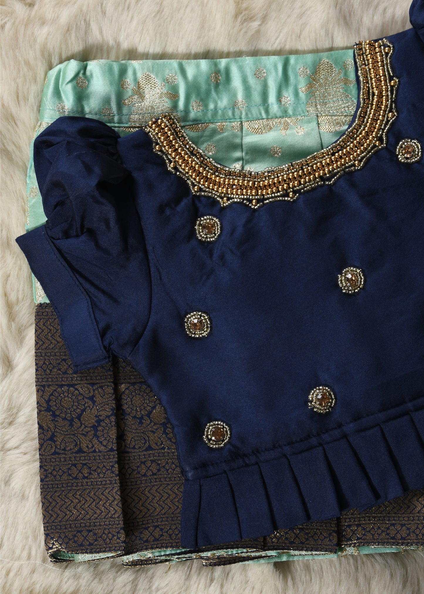 Navy Blue and Ananda blue hand work embroidery langa blouse / pattu pavadai / lehenga ethnic wear for baby girl