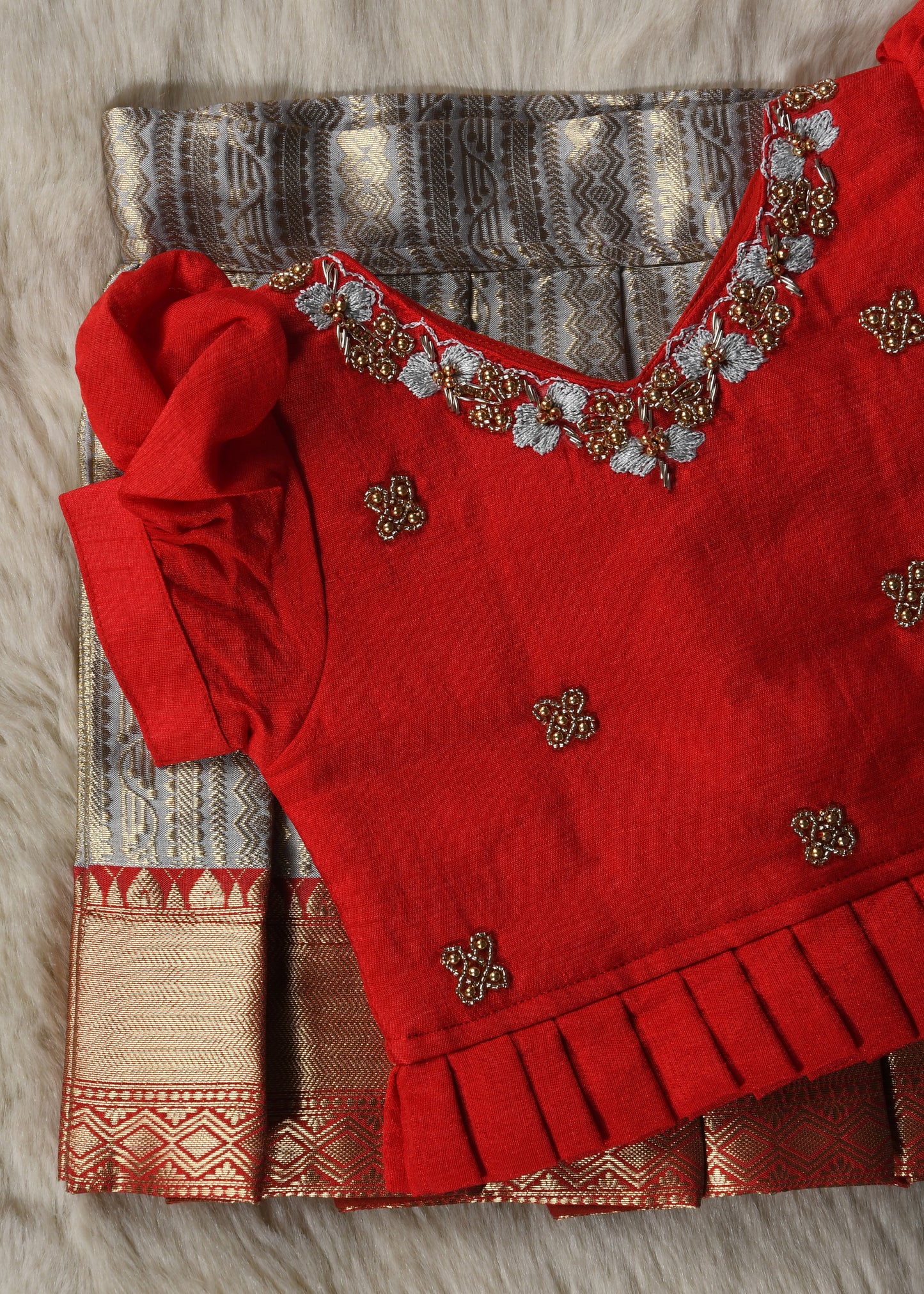 Red and silver hand work embroidery langa blouse / pattu pavadai / lehenga ethnic wear for baby girl