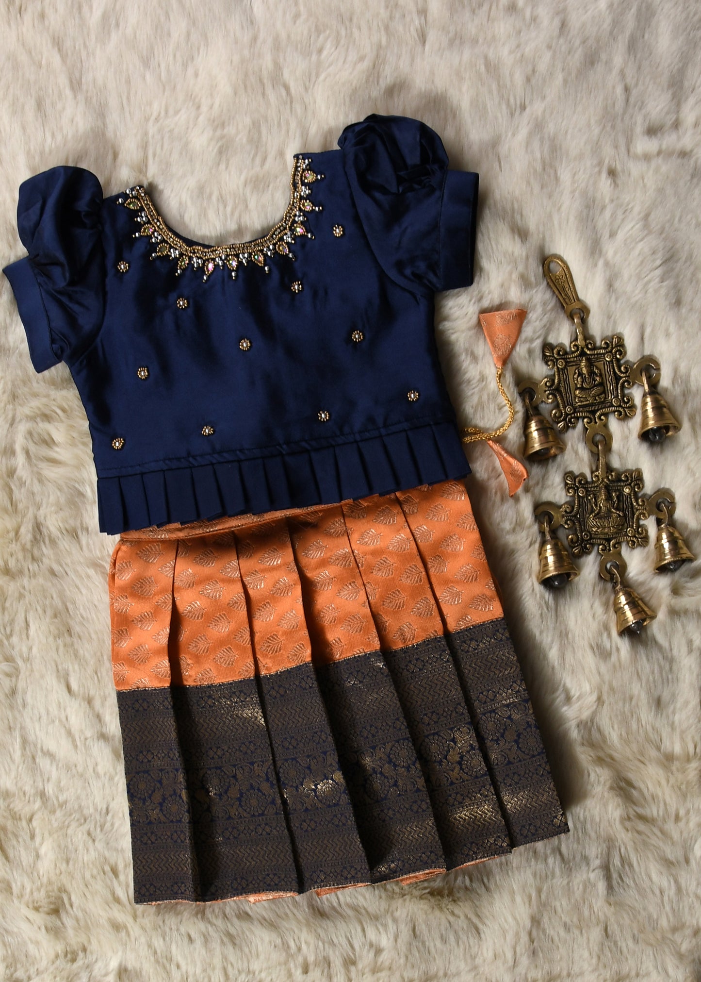 Navy blue and orange hand work embroidery langa blouse / pattu pavadai / lehenga ethnic wear for baby girl