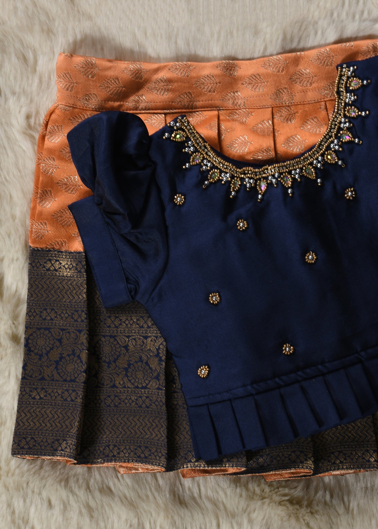 Navy blue and orange hand work embroidery langa blouse / pattu pavadai / lehenga ethnic wear for baby girl