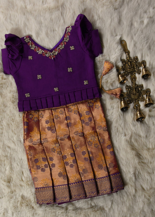 Purple with orange hand work embroidery langa blouse / pattu pavadai / lehenga ethnic wear for baby girl