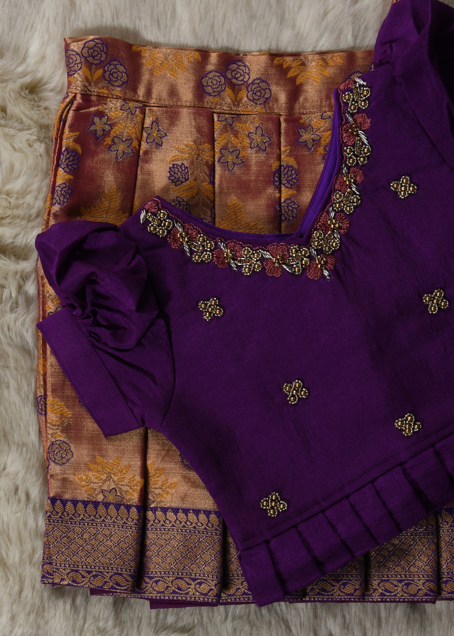 Purple with orange hand work embroidery langa blouse / pattu pavadai / lehenga ethnic wear for baby girl