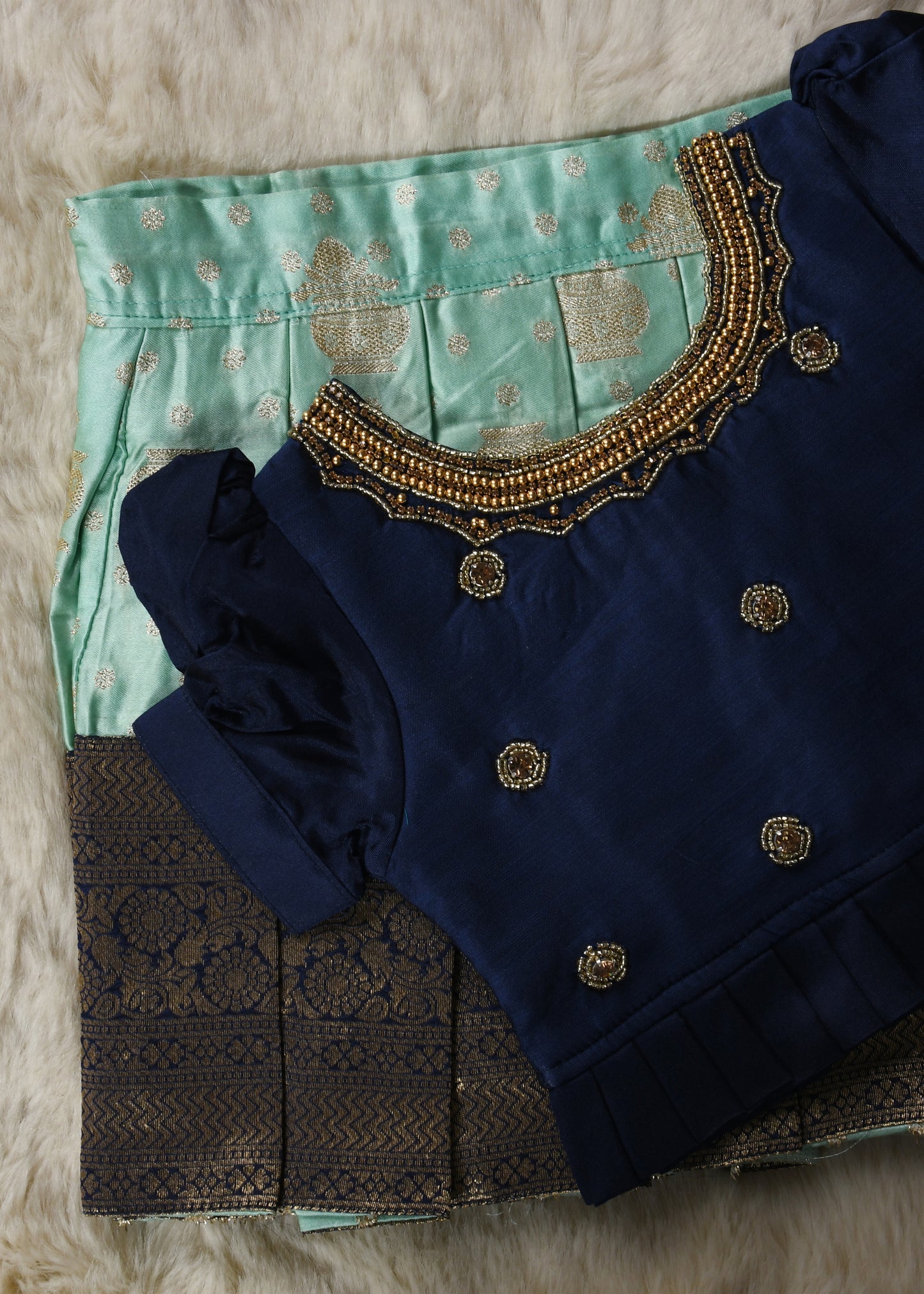 Navy blue with sky blue hand work embroidery langa blouse / pattu pavadai / lehenga ethnic wear for baby girl