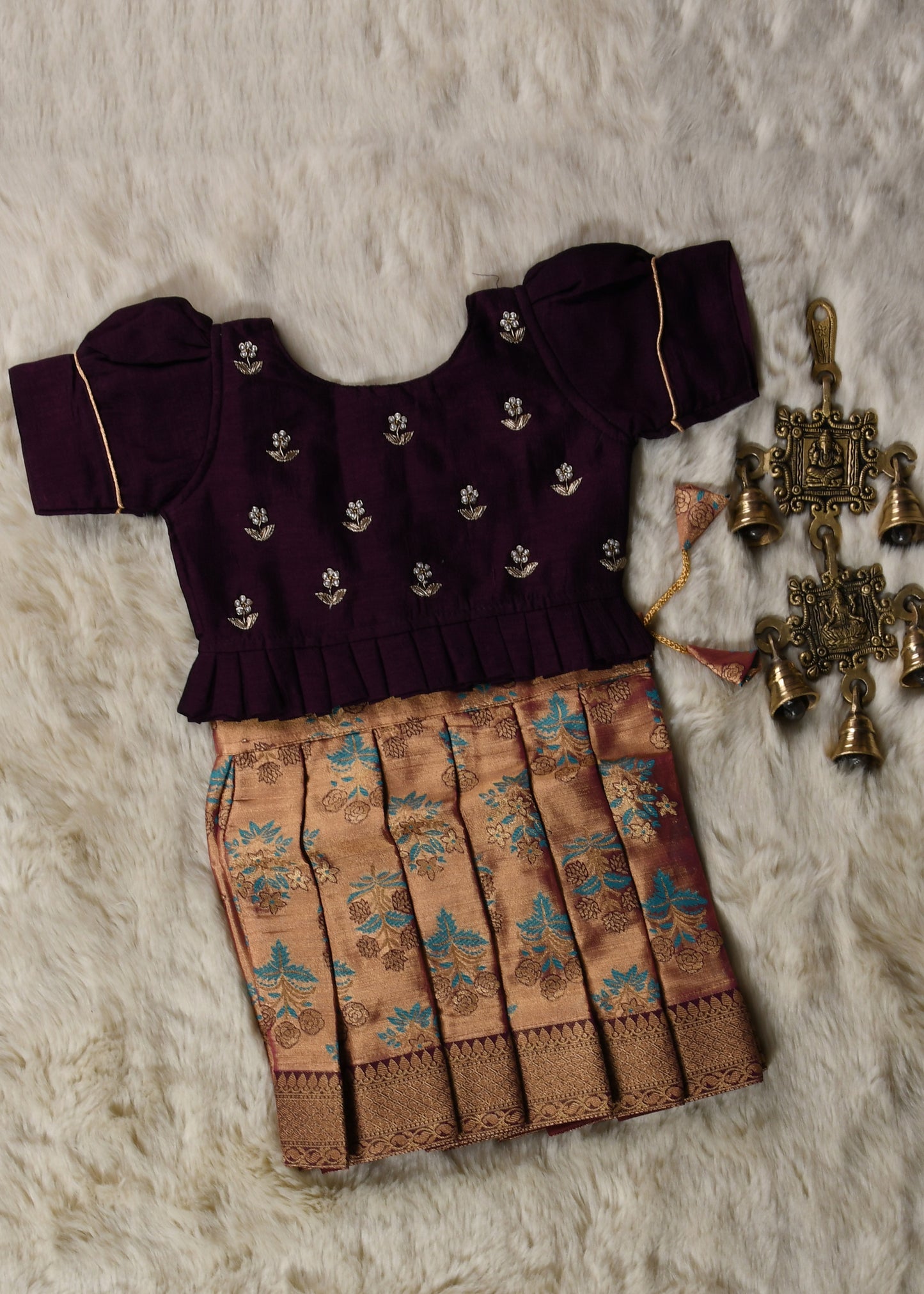 Wine with bronze hand work embroidery langa blouse / pattu pavadai / lehenga ethnic wear for baby girl