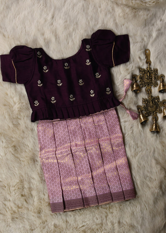 Wine with onion pink hand work embroidery langa blouse / pattu pavadai / lehenga ethnic wear for baby girl