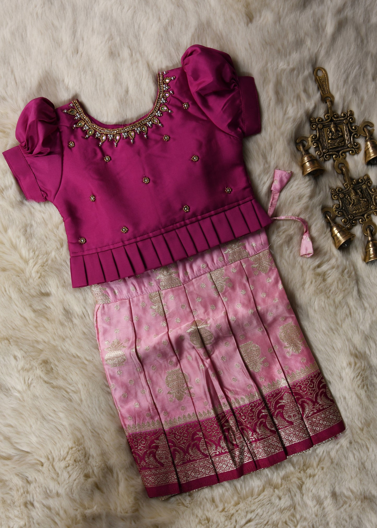 Magenta with baby pink hand work embroidery langa blouse / pattu pavadai / lehenga ethnic wear for baby girl