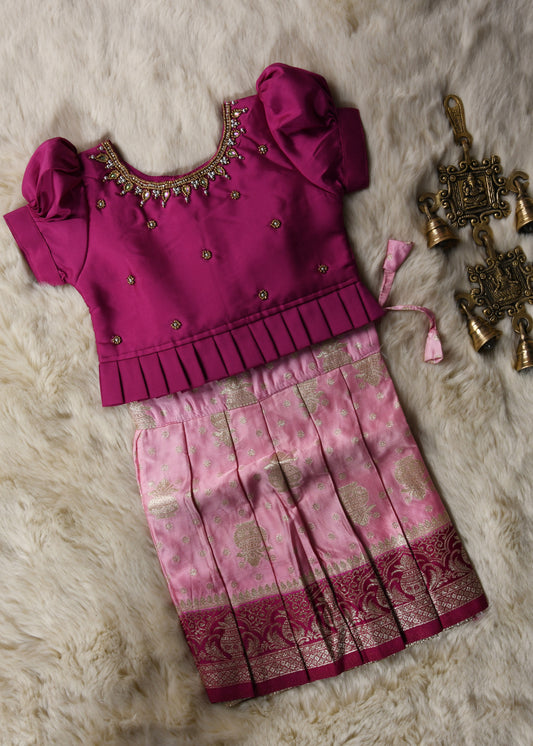 Magenta with baby pink hand work embroidery langa blouse / pattu pavadai / lehenga ethnic wear for baby girl