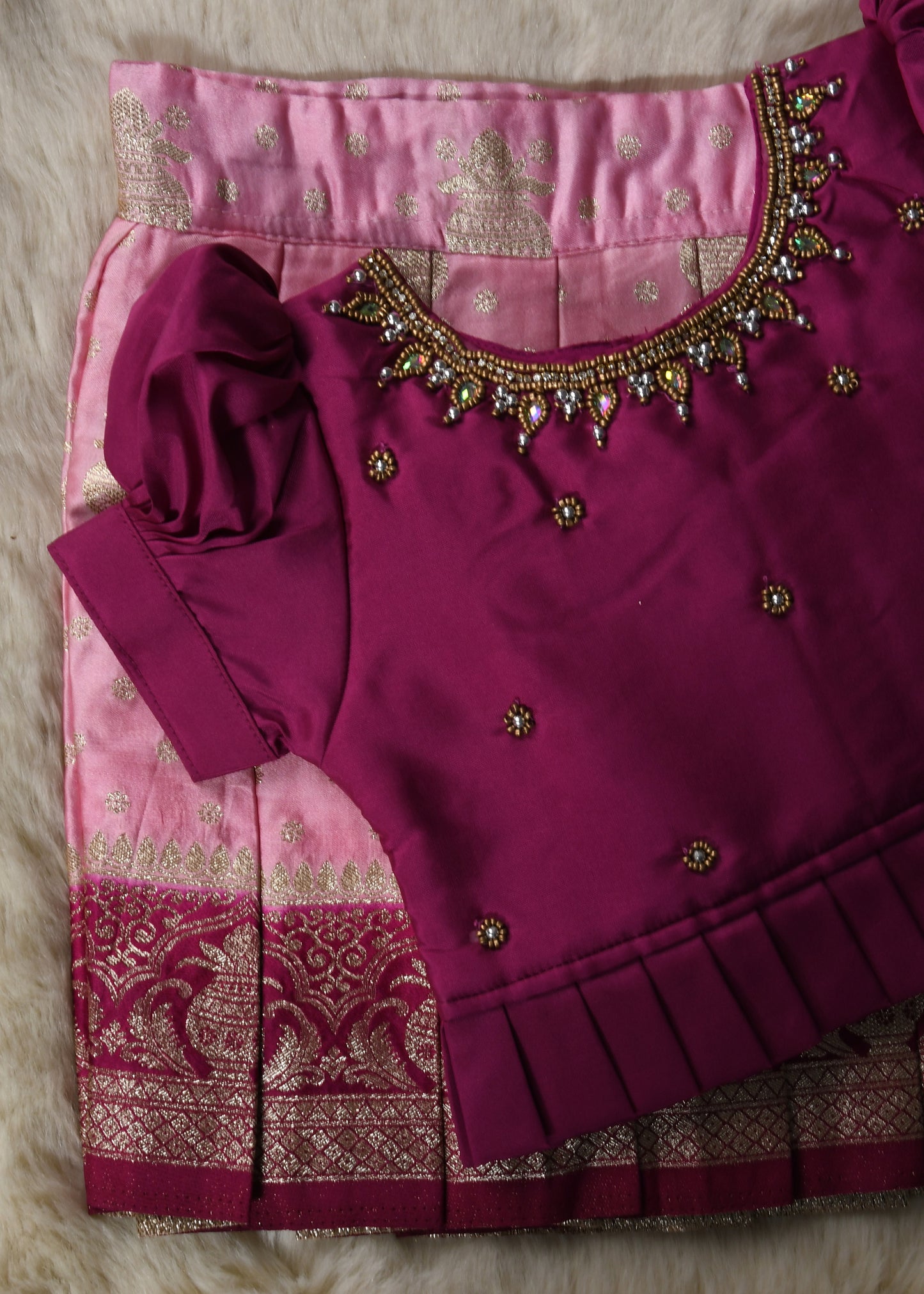 Magenta with baby pink hand work embroidery langa blouse / pattu pavadai / lehenga ethnic wear for baby girl