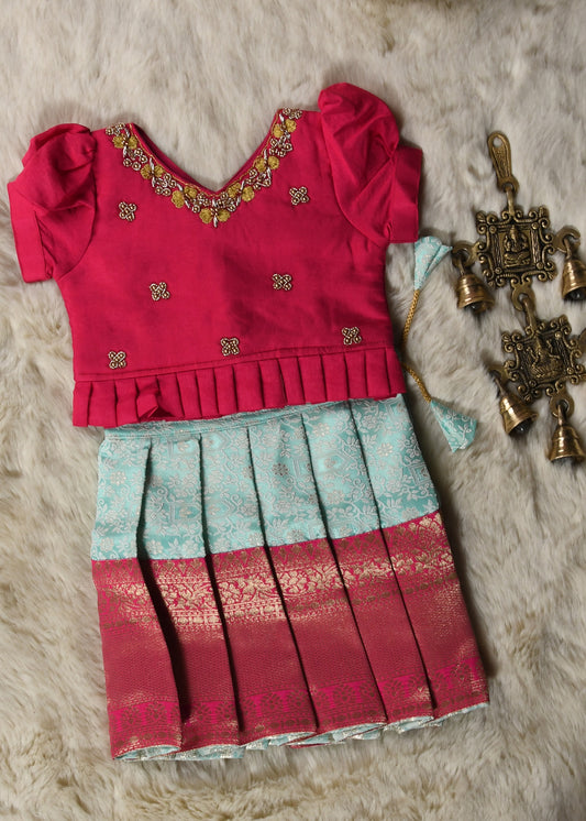 Pink with sky blue hand work embroidery langa blouse / pattu pavadai / lehenga ethnic wear for baby girl