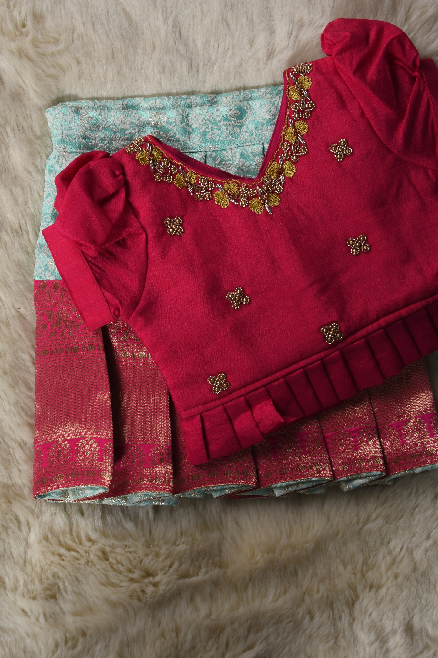 Pink with sky blue hand work embroidery langa blouse / pattu pavadai / lehenga ethnic wear for baby girl