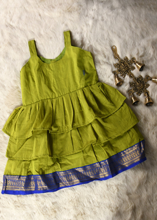 Green with blue border - Cotton Silk 3 Layered South Indian Ethnic Frock for Baby Girl