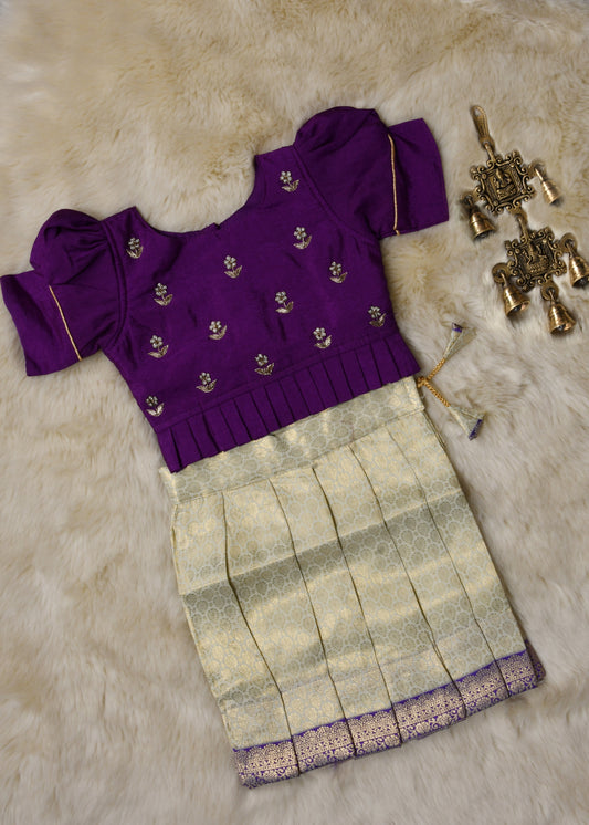 Purple and pista green hand work embroidery langa blouse / pattu pavadai / lehenga ethnic wear for baby girl (Small border)