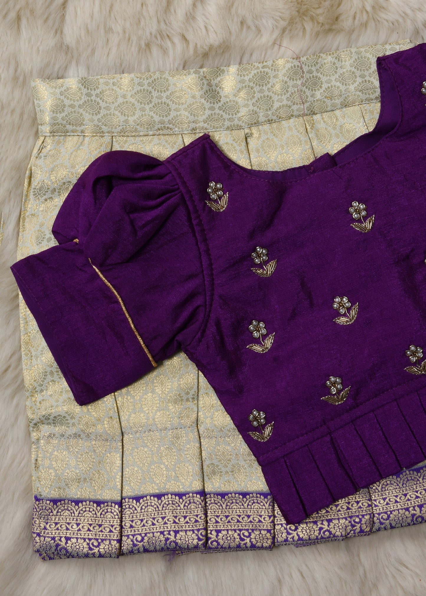 Purple and pista green hand work embroidery langa blouse / pattu pavadai / lehenga ethnic wear for baby girl (Small border)