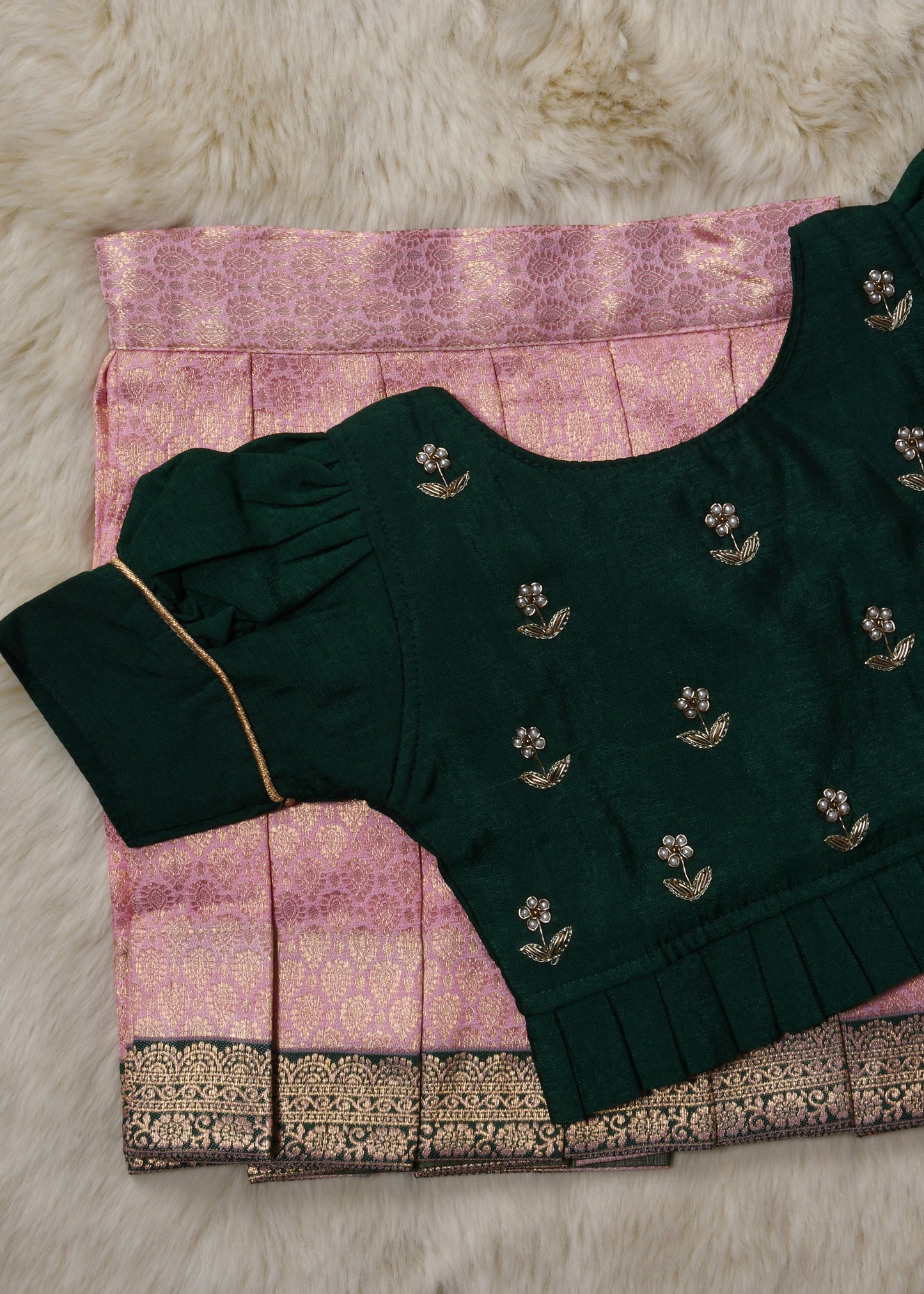 Deep green and onion pink hand work embroidery langa blouse / pattu pavadai / lehenga ethnic wear for baby girl (Small border)