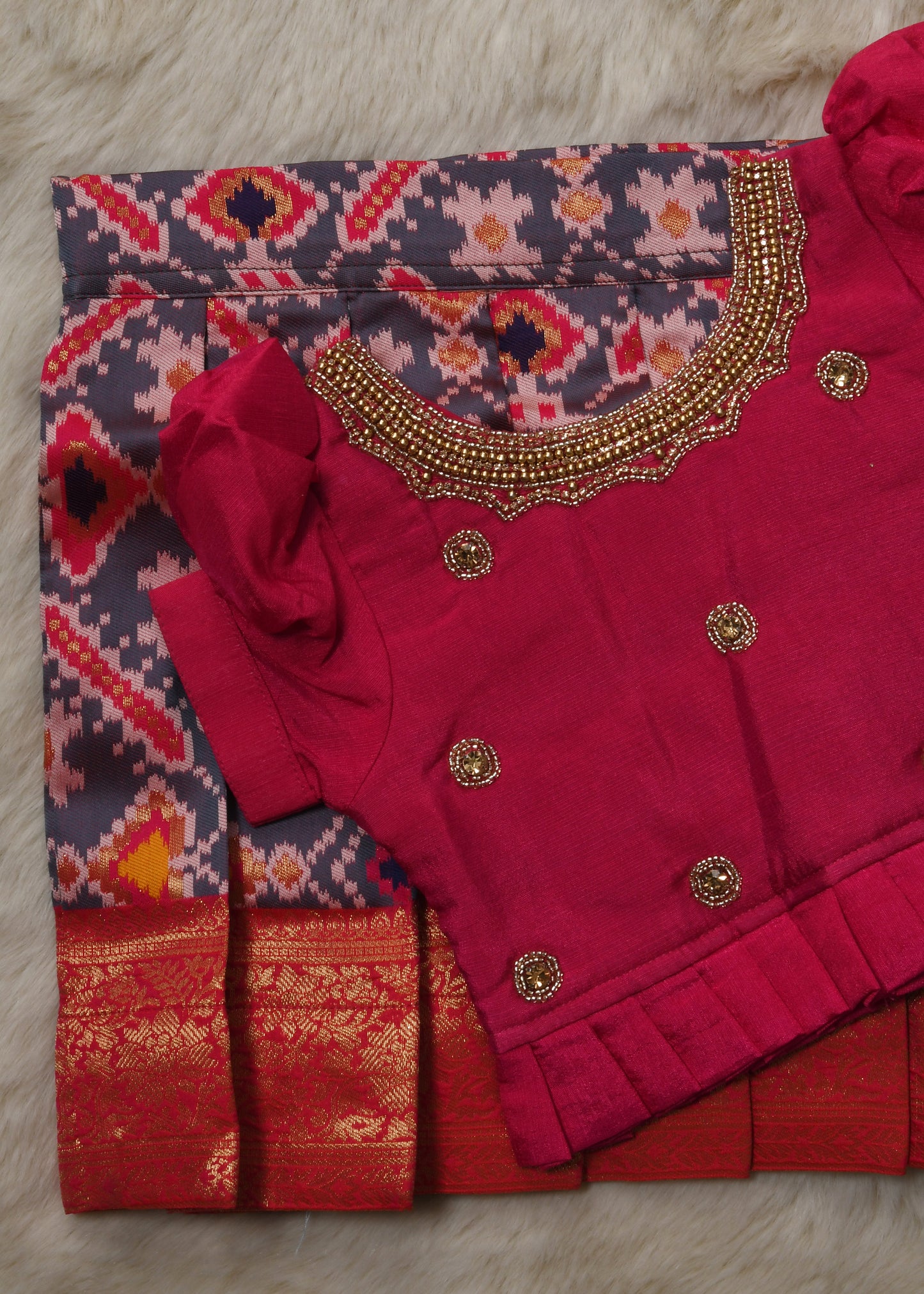 Pink and pochampally design with hand work embroidery langa blouse / pattu pavadai / lehenga ethnic wear for baby girl