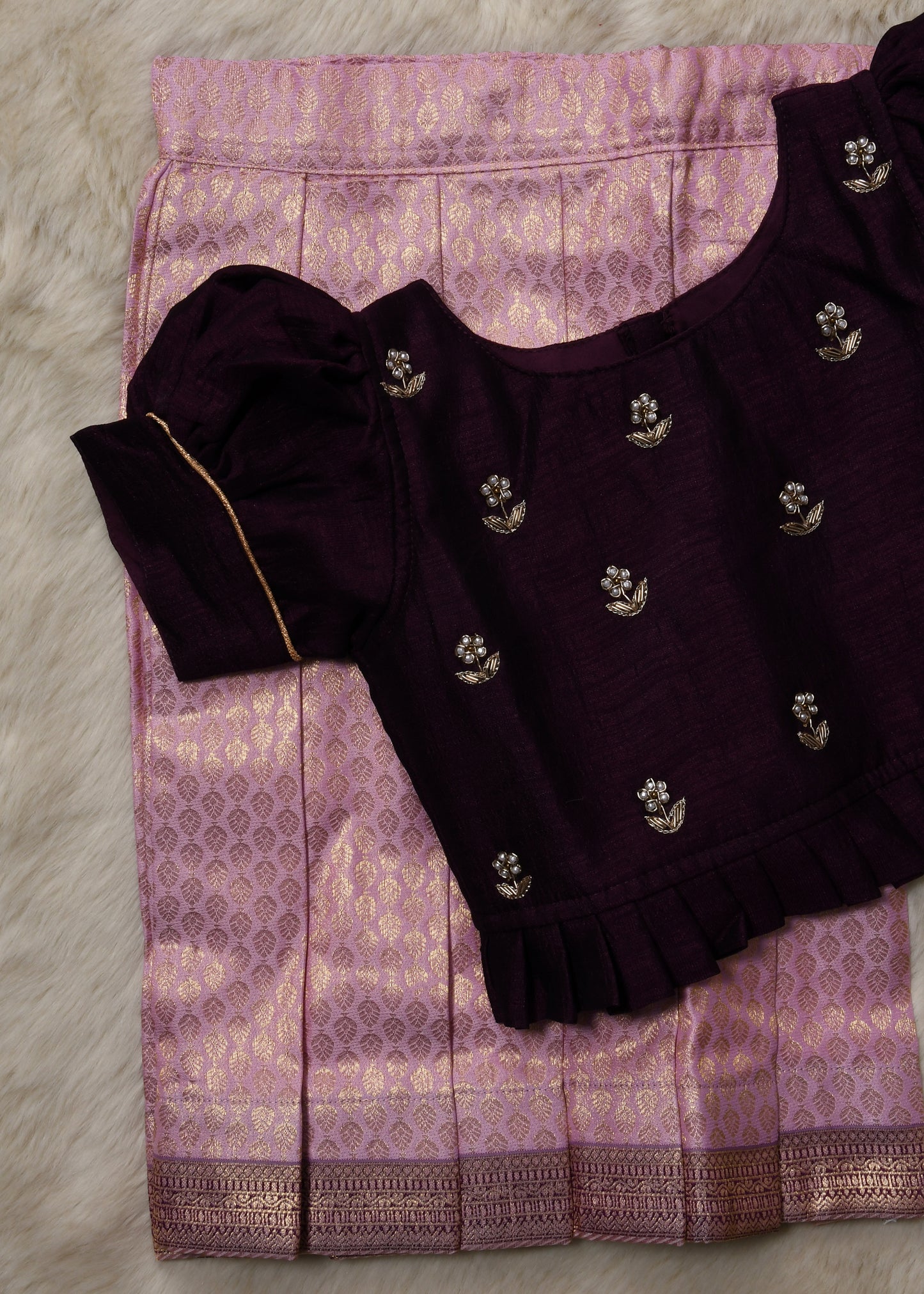 Wine and onion pink hand work embroidery langa blouse / pattu pavadai / lehenga ethnic wear for baby girl (Small border)