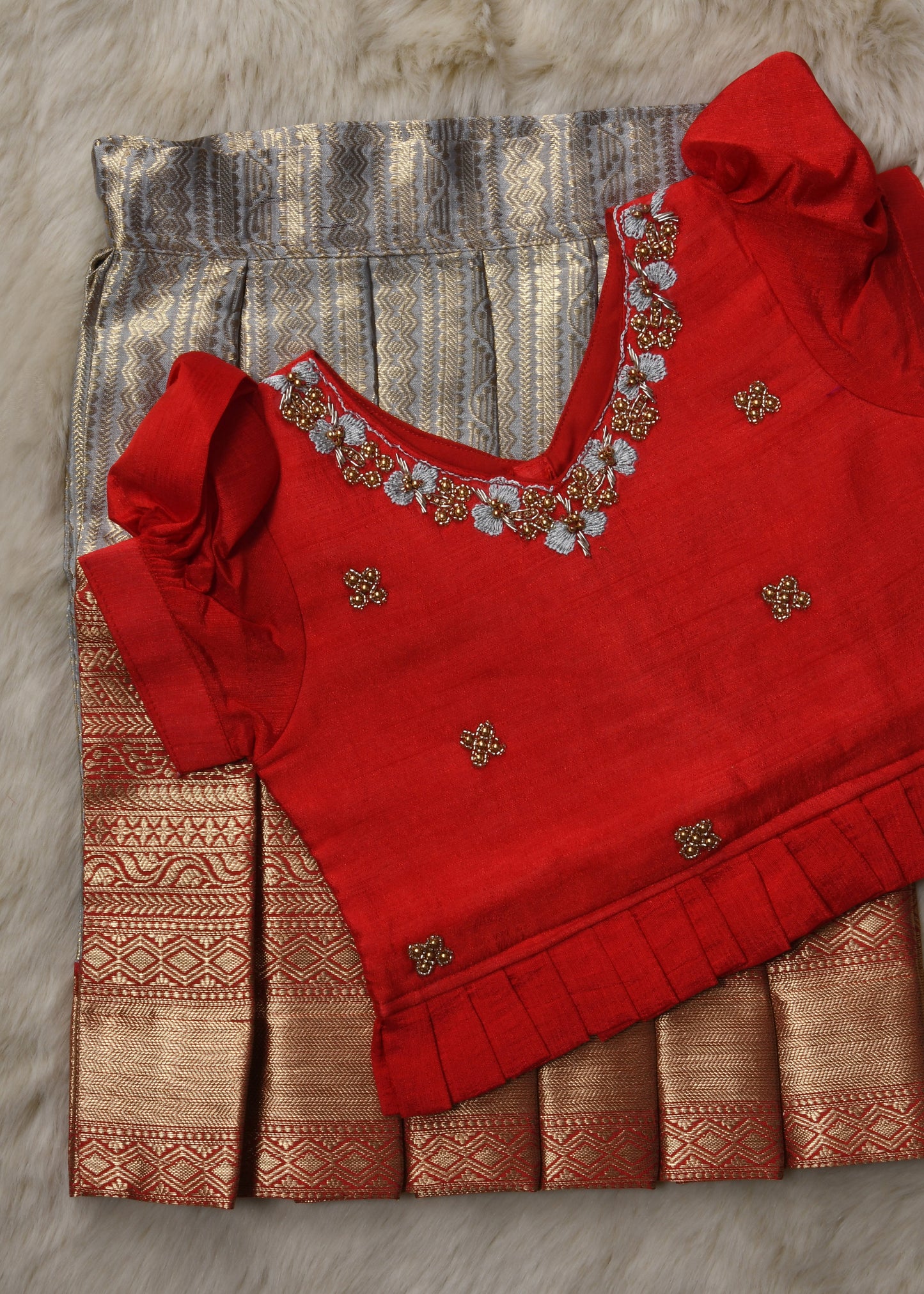 Red and silver hand work embroidery langa blouse / pattu pavadai / lehenga ethnic wear for baby girl (Big border)