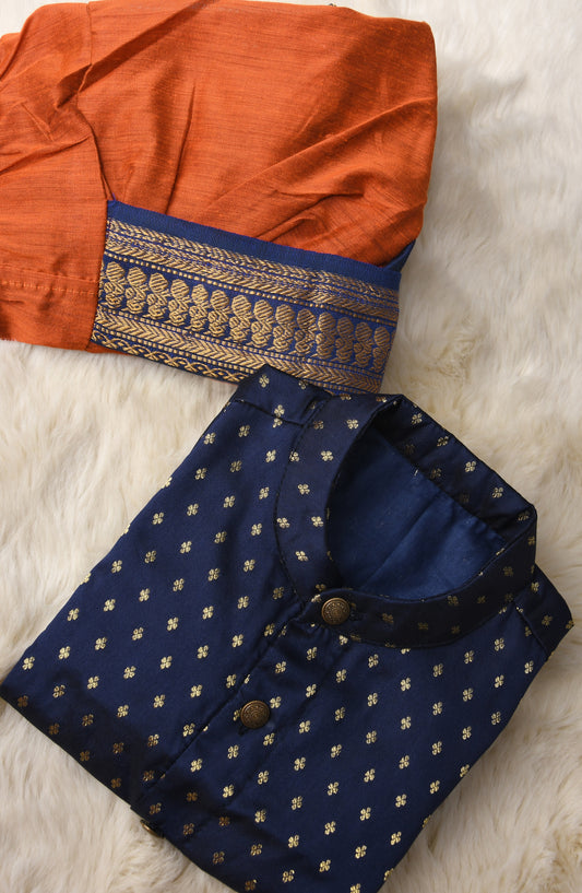 Navy Blue and Rustic Orange Cotton Silk Baby Boy Kurta Dhoti Set