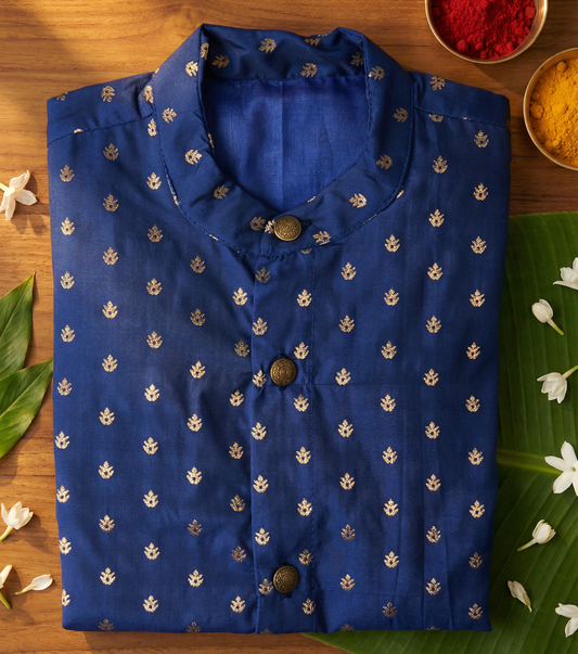 Navy Blue Semi silk kurta baby boy ethnic top wear