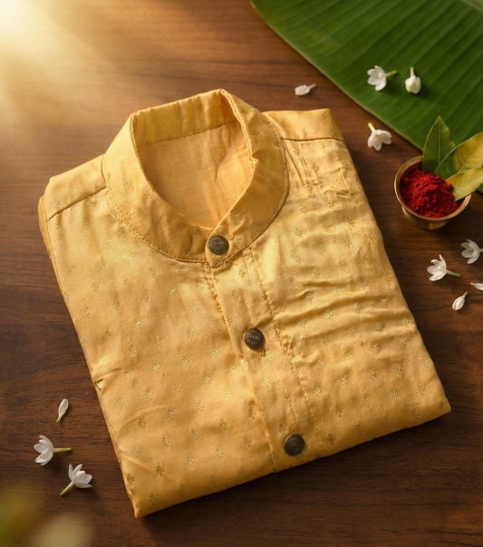 Golden hue semi silk kurta baby boy ethnic top wear
