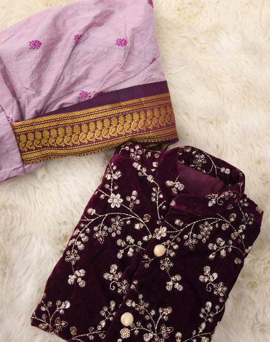 Velvet wine with lavendar Kurta Dhoti ethnic wear for baby boy